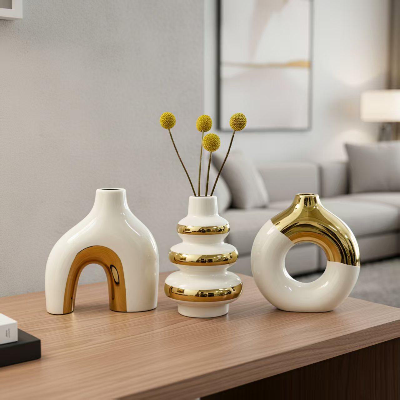 Nordic Ceramic Flower Vase Set of 3 – Gold Home Decor