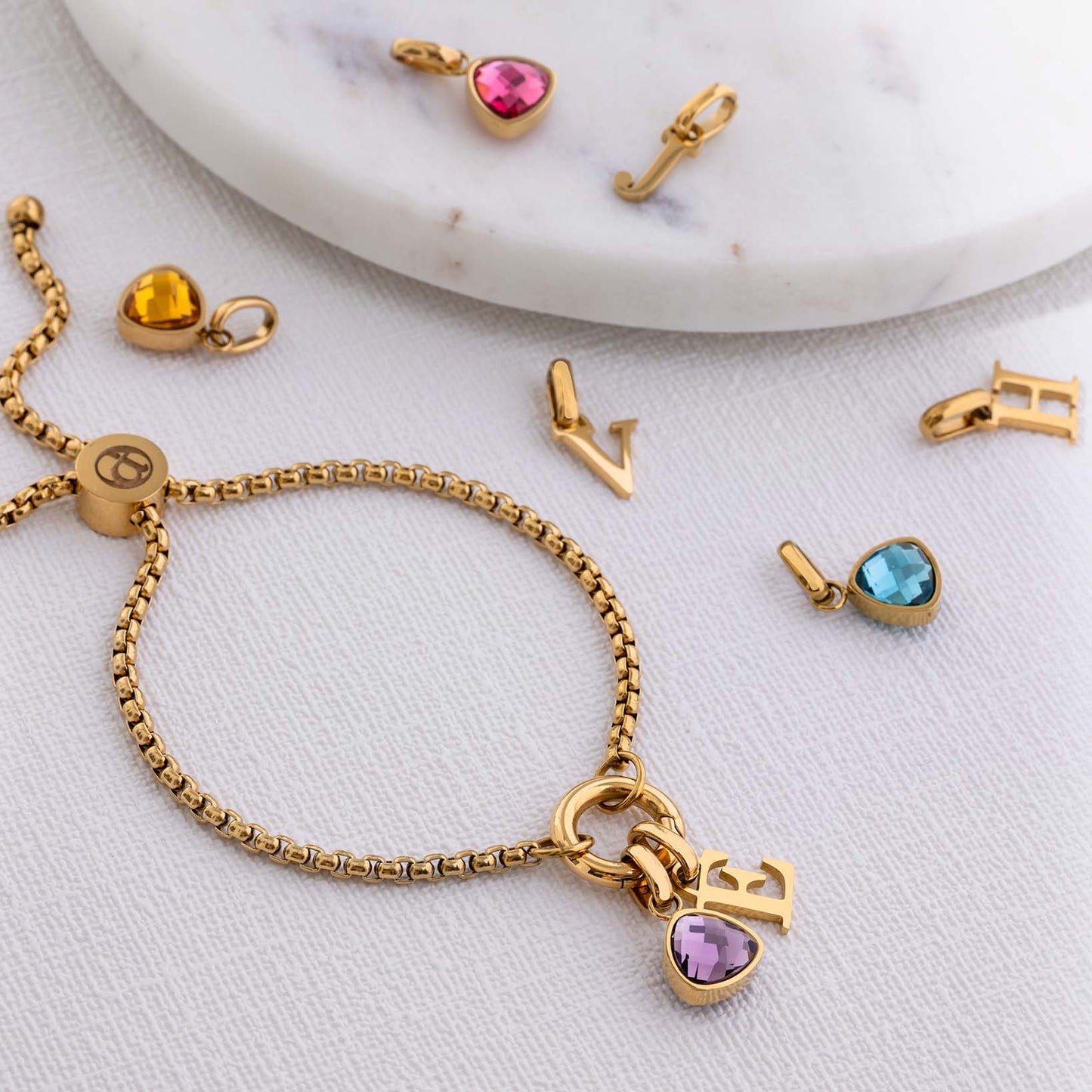 Adjustable Letter & birthstone bracelet gold