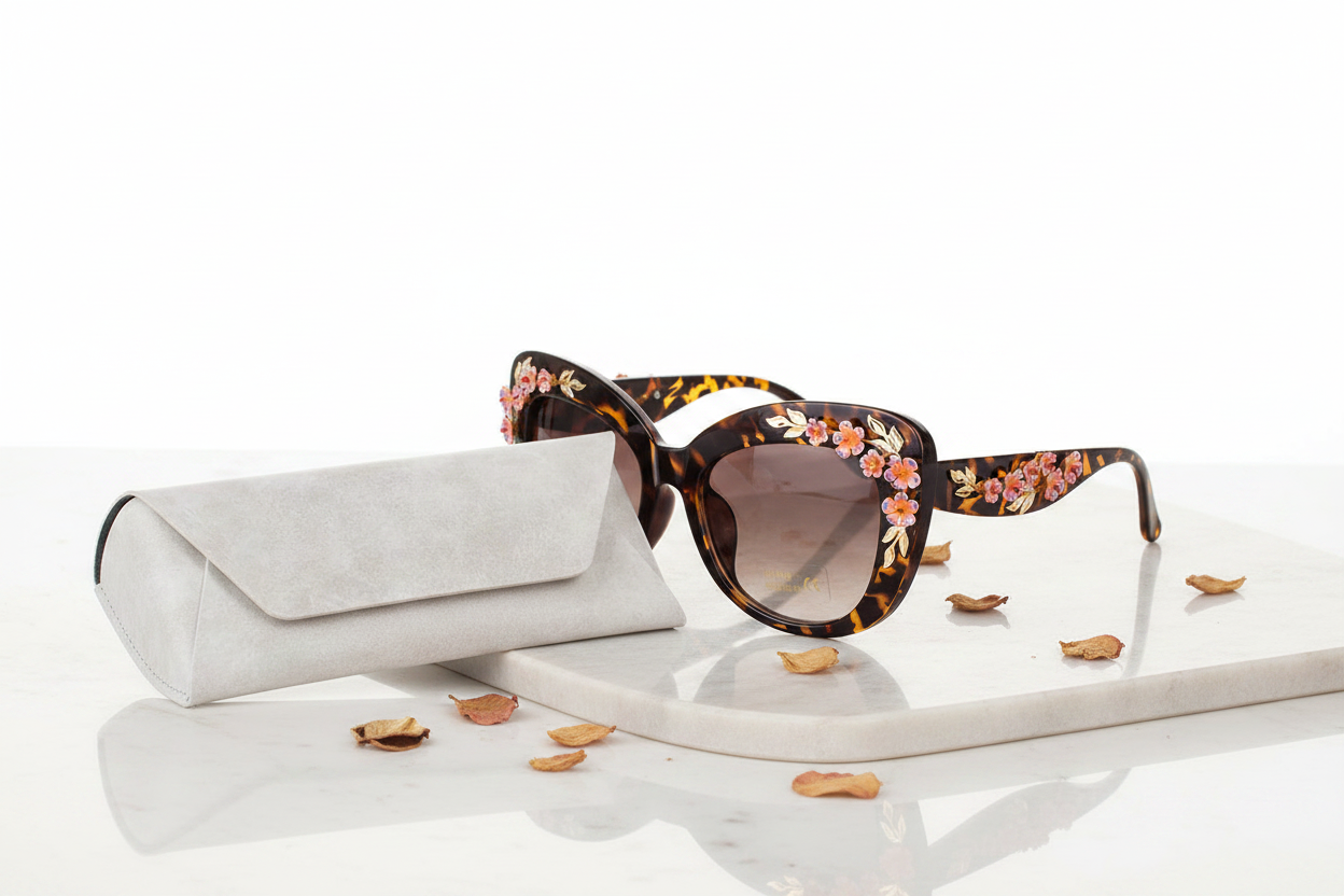 Nova Bloom Floral Frame Sunglasses displayed with white marble glasses case and flower petals