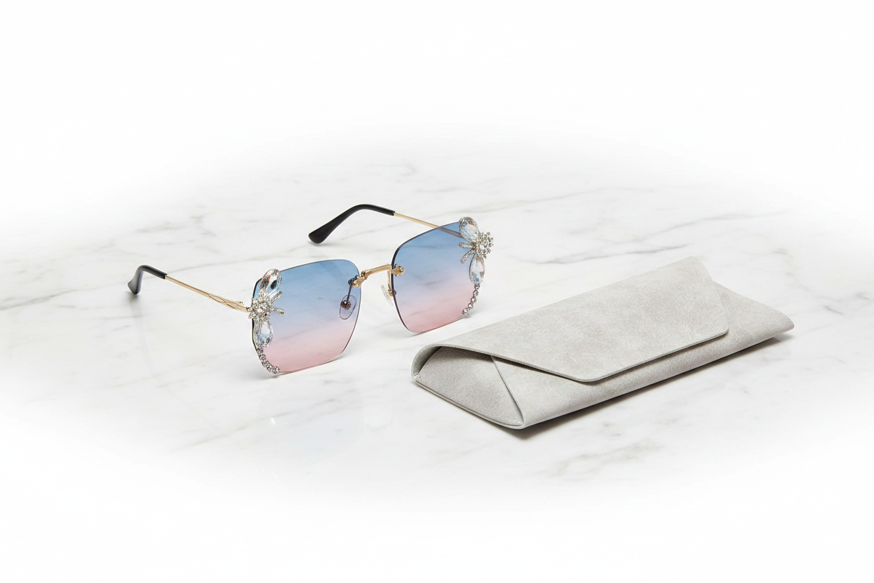 Sunglasses displayed with white marble envelope-style glasses case