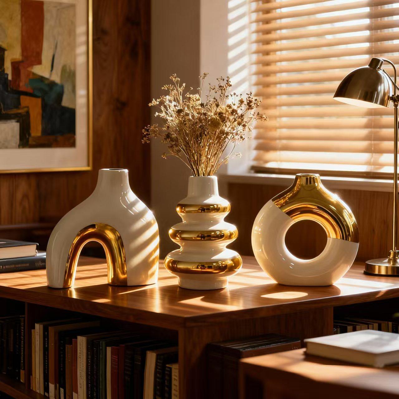 Nordic Ceramic Flower Vase Set of 3 – Gold Home Decor