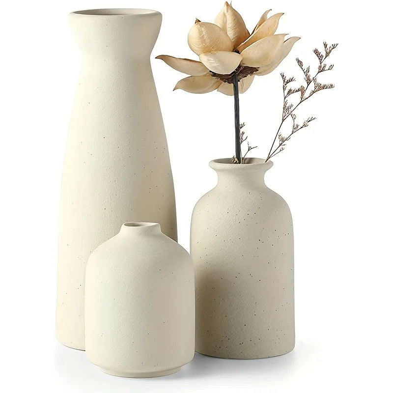 Set of 3 beig ceramic vases rustic farmhouse home decor