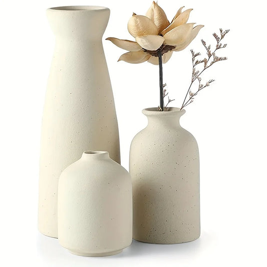 Set of 3 beig ceramic vases rustic farmhouse home decor