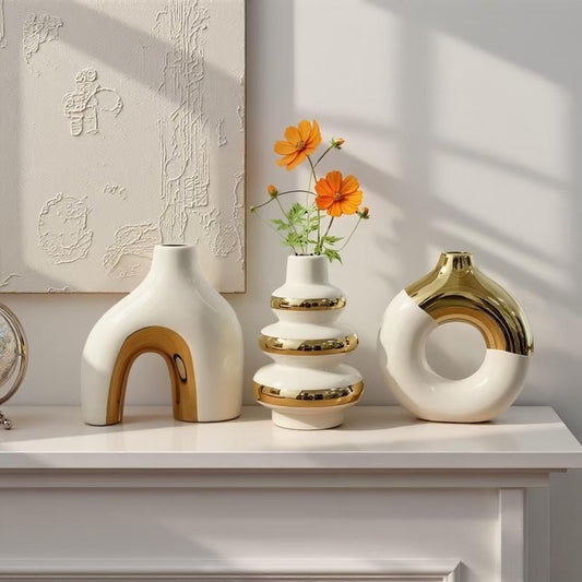 Nordic Ceramic Flower Vase Set of 3 – Gold Home Decor
