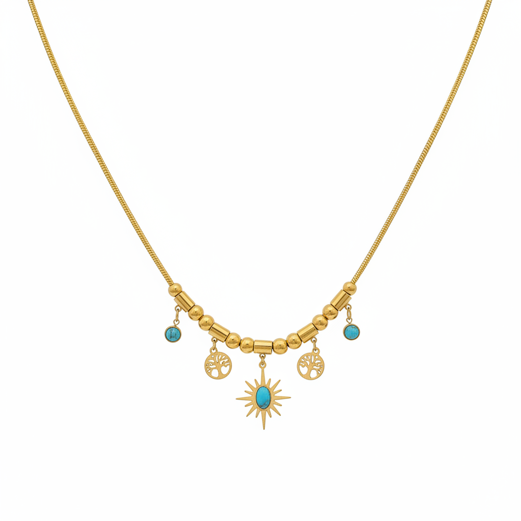 Blue Turquoise Tree of Life Necklace - White Background