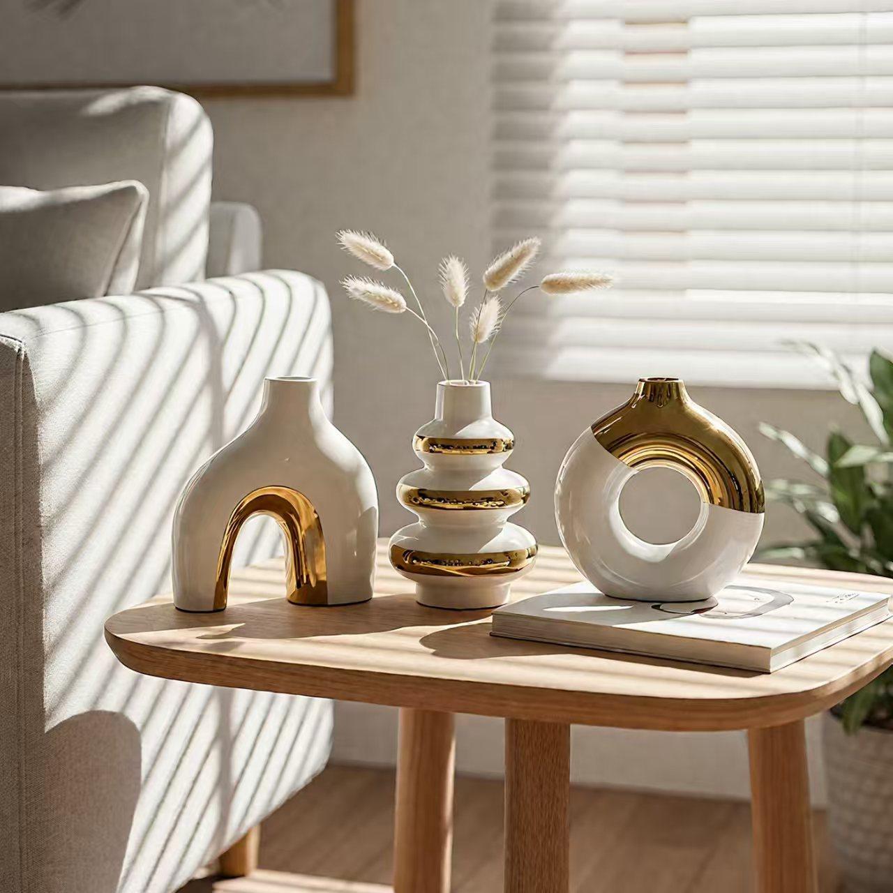 Nordic Ceramic Flower Vase Set of 3 – Gold Home Decor