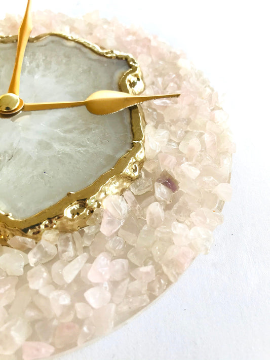 6" Diameter Peach Crystal With White Agate Wall Clock
