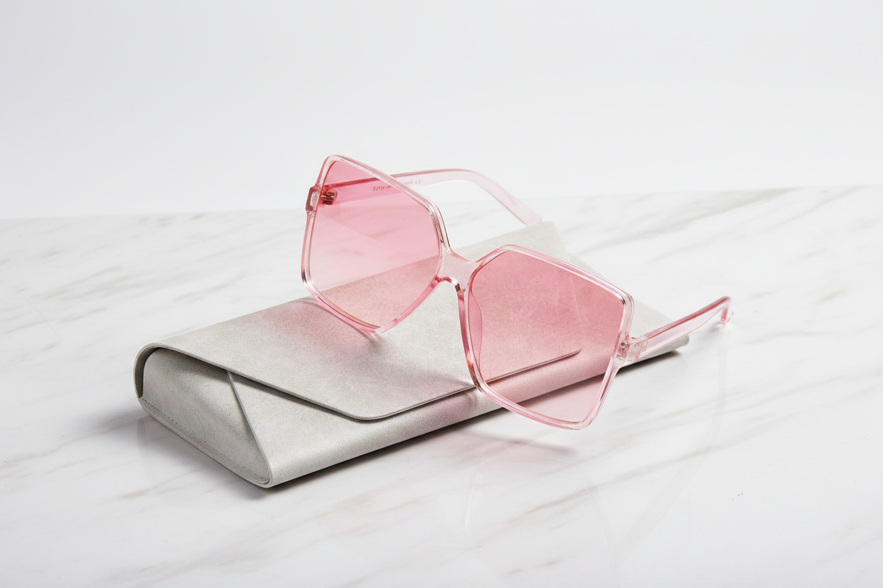 Nova Vision Oversized UV400 Sunglasses displayed with white marble glasses case