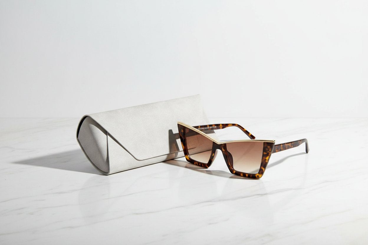 Cat's Eye Sunglasses displayed with white marble glasses case