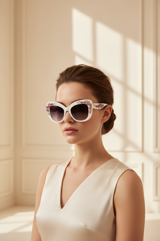 Elegant woman wearing white floral frame sunglasses
