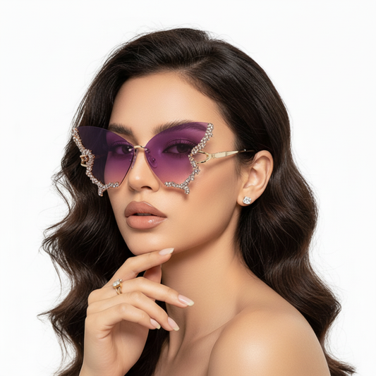 Model with Gradient Purple Diamond Butterfly Sunglasses